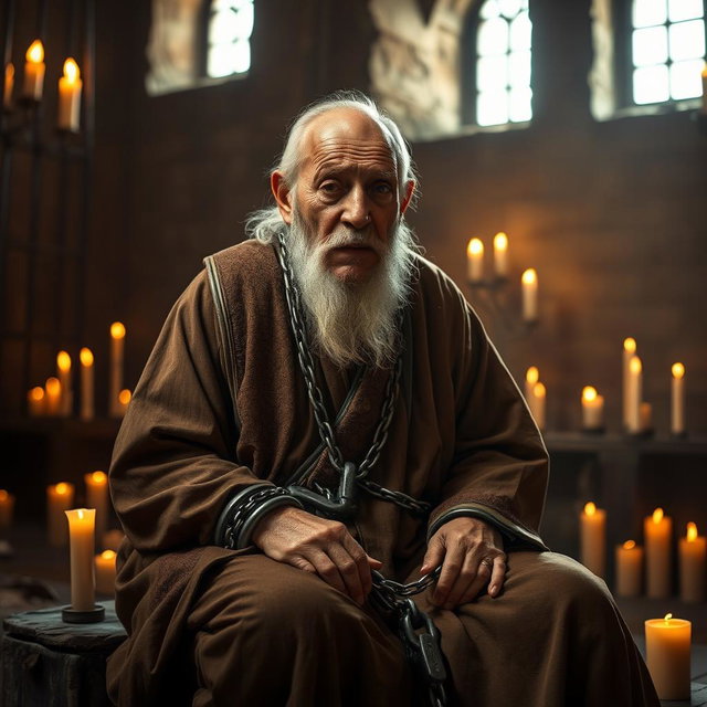 An elderly, very tired man with a stooped posture, sitting in a prison cell