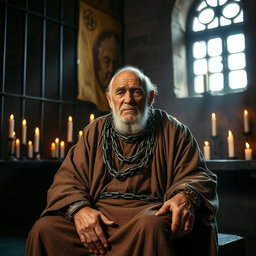 An elderly, very tired man with a stooped posture, sitting in a prison cell