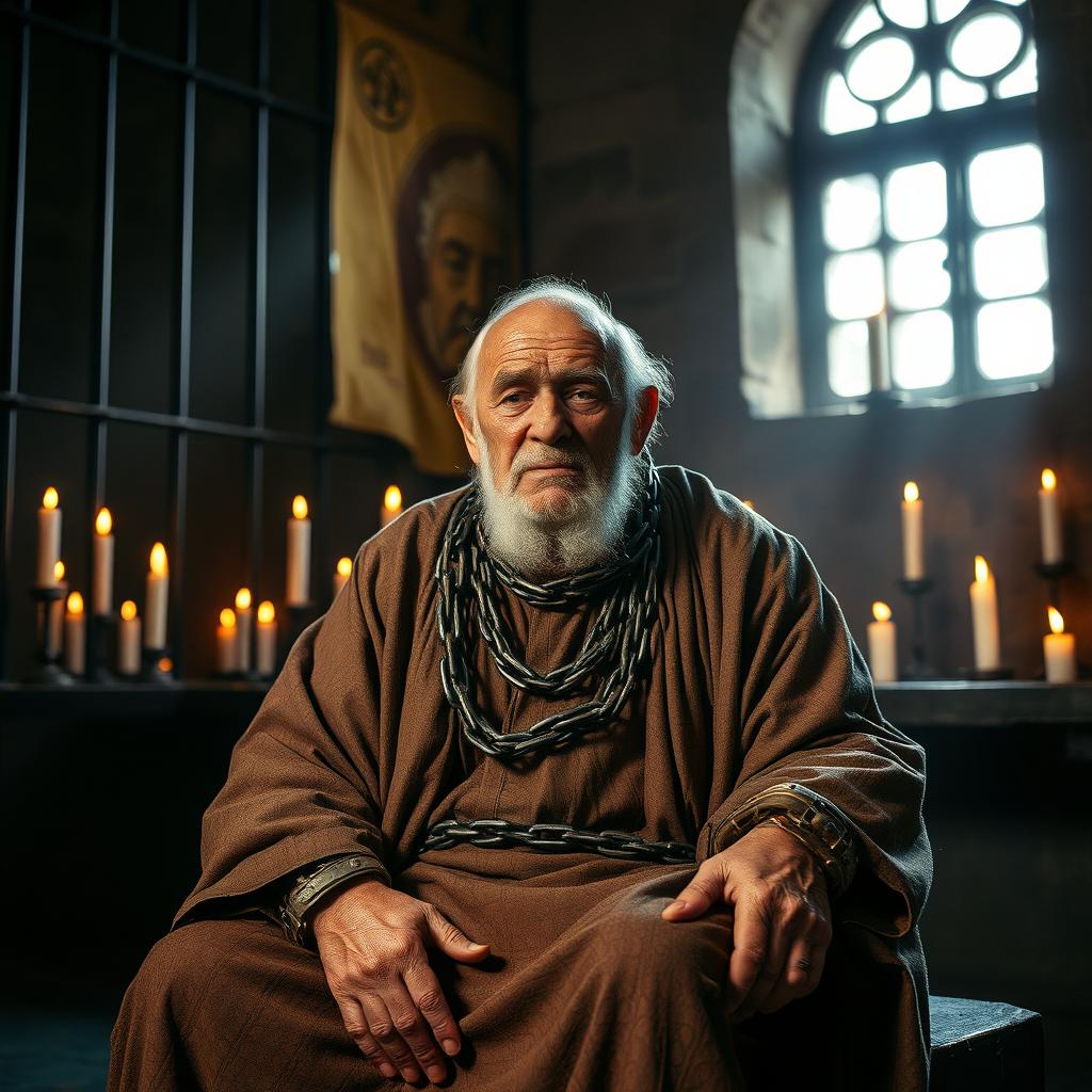An elderly, very tired man with a stooped posture, sitting in a prison cell