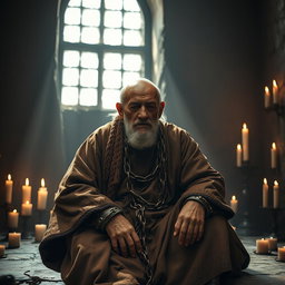 An elderly, very tired man with a stooped posture, sitting in a prison cell