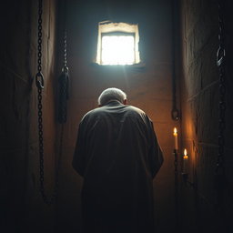 A weary, elderly man hunched over in the depths of a prison cell, wearing a complete brown traditional Islamic outfit