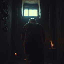 A weary, elderly man hunched over in the depths of a prison cell, wearing a complete brown traditional Islamic outfit