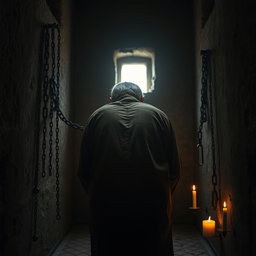 A weary, elderly man hunched over in the depths of a prison cell, wearing a complete brown traditional Islamic outfit