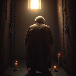 A weary, elderly man hunched over in the depths of a prison cell, wearing a complete brown traditional Islamic outfit