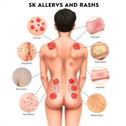 A detailed medical illustration showcasing various skin allergies and rashes