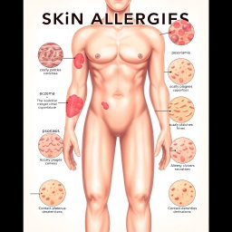 A detailed medical illustration showcasing various skin allergies and rashes