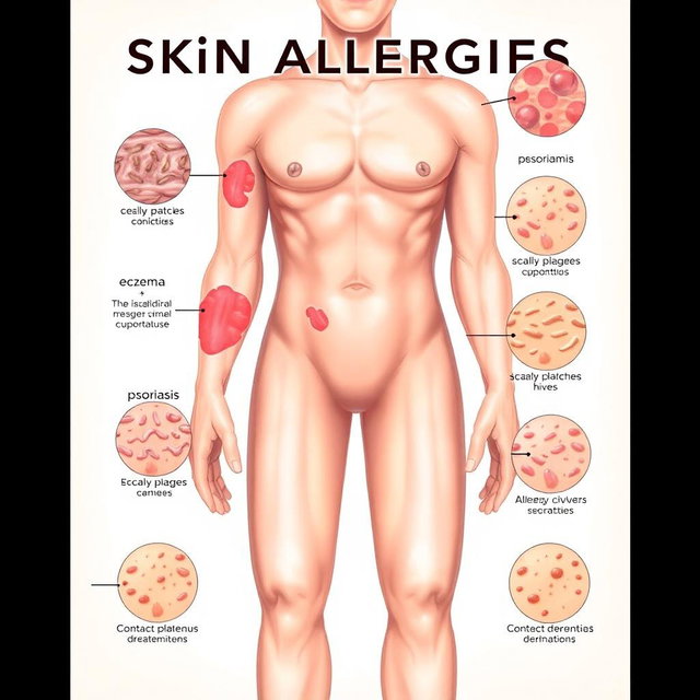 A detailed medical illustration showcasing various skin allergies and rashes