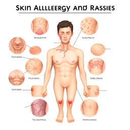 A detailed medical illustration showcasing various skin allergies and rashes