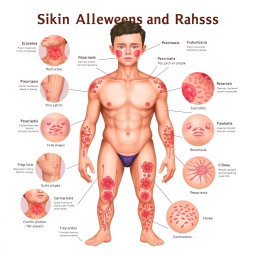 A detailed medical illustration showcasing various skin allergies and rashes