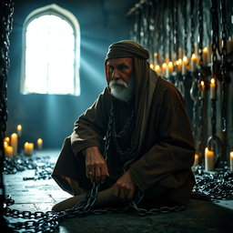 An elderly man, very tired and hunched over, sitting at the bottom of a prison cell