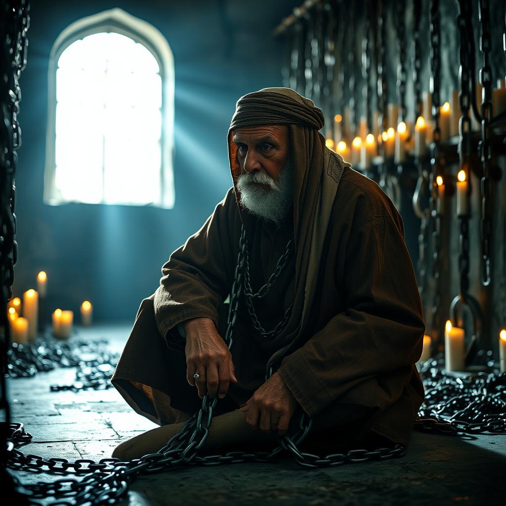 An elderly man, very tired and hunched over, sitting at the bottom of a prison cell