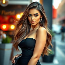 A beautiful and confident woman posing elegantly in a stylish outfit, showcasing her curves and radiating charisma