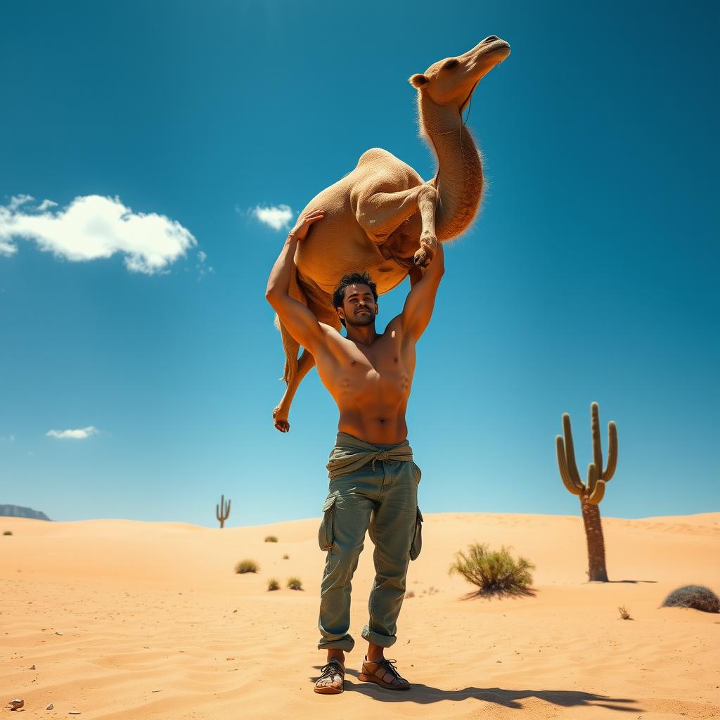 A surreal scene depicting a strong human, with defined muscles, effortlessly lifting a large camel above their head in a triumphant pose
