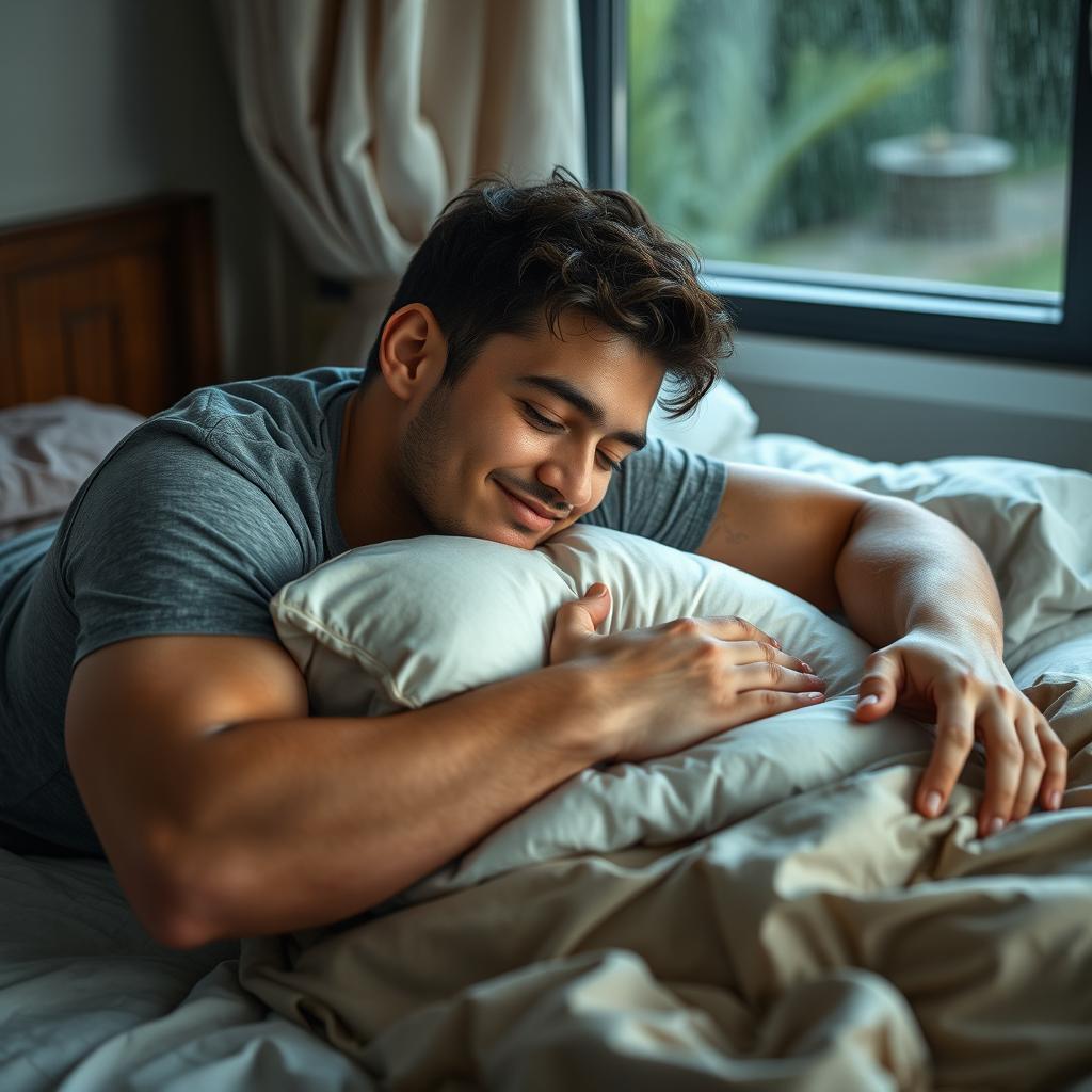 A cozy, intimate scene of a young man smiling as he crawls towards a bed, laying beside a partner with his head resting on their lap