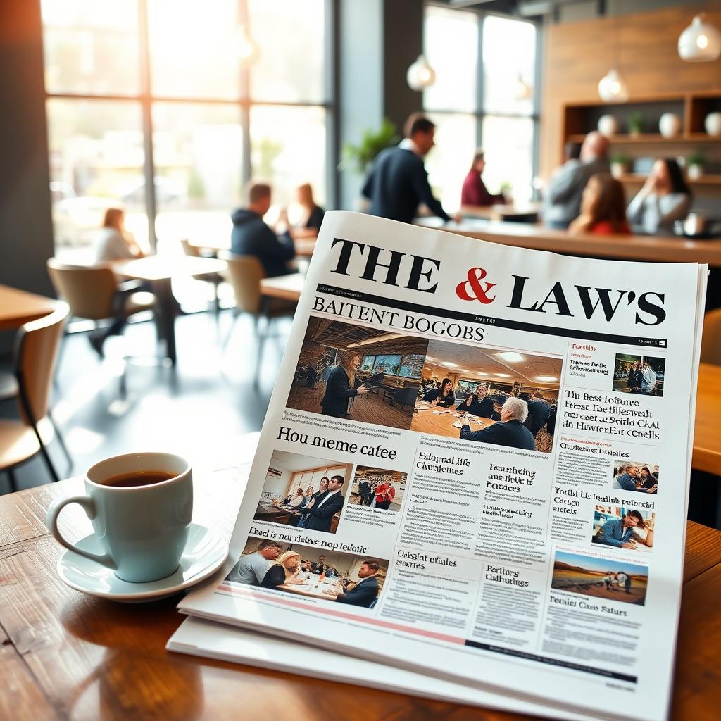 A sleek, modern newspaper featuring bold headlines and colorful photographs prominently displayed, with a coffee cup beside it on a wooden table