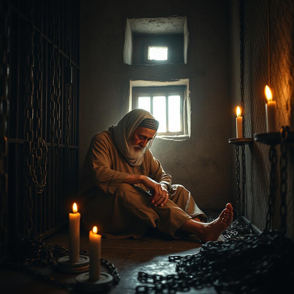 An elderly man sitting on the ground of a prison cell, leaning against the wall, looking exhausted and with his head bowed