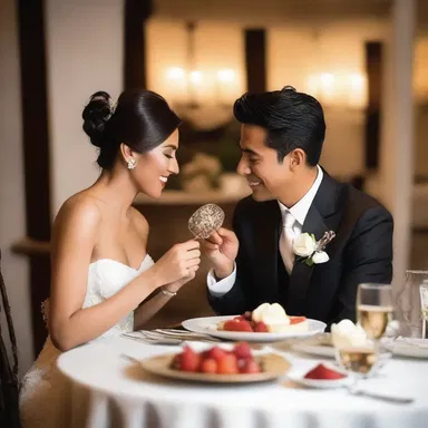 As the couple finished their romantic dinner, they indulged in a decadent afters, feeding each other spoonfuls of sweet delight.