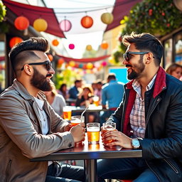 A vibrant scene featuring Luiny Corporan and Santiago Matias engaging in a lively discussion at a stylish outdoor cafe