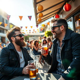 A vibrant scene featuring Luiny Corporan and Santiago Matias engaging in a lively discussion at a stylish outdoor cafe