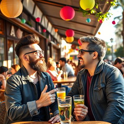 A vibrant scene featuring Luiny Corporan and Santiago Matias engaging in a lively discussion at a stylish outdoor cafe