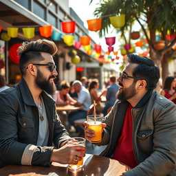 A vibrant scene featuring Luiny Corporan and Santiago Matias engaging in a lively discussion at a stylish outdoor cafe