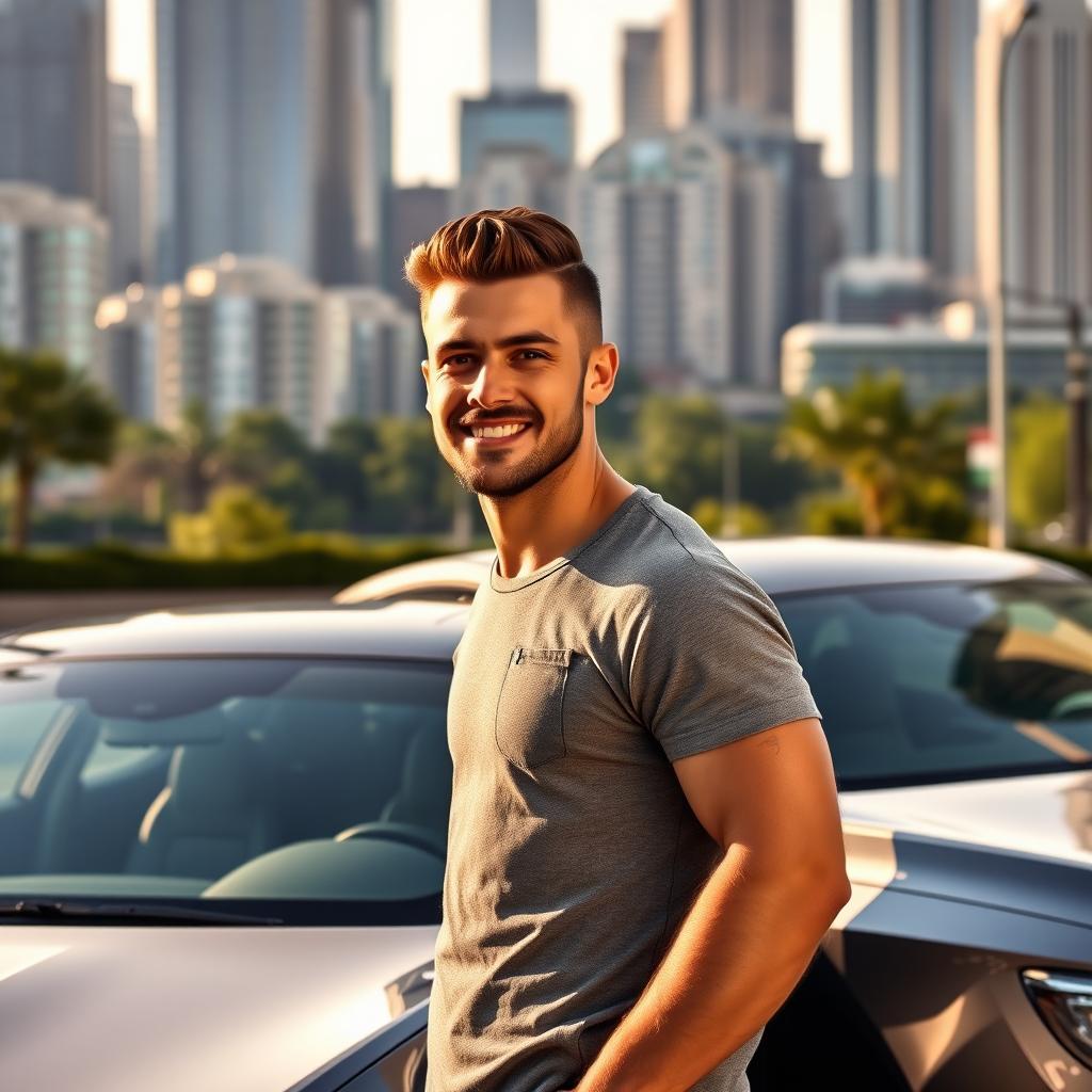 A handsome man with a stylish crew cut, standing beside a sleek, modern car
