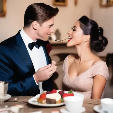 As the couple finished their romantic dinner, they indulged in a decadent afters, feeding each other spoonfuls of sweet delight.