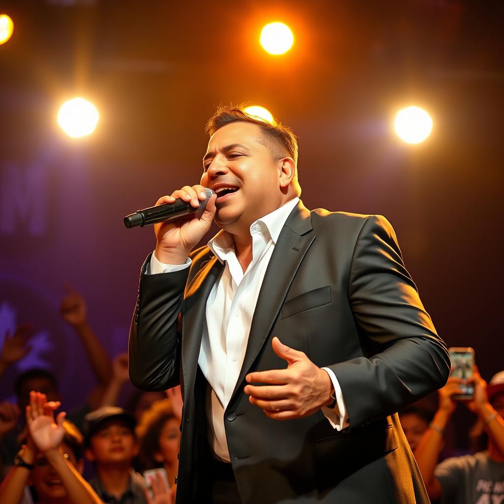 A striking portrait of Hector Acosta, known as 'El Torito', passionately singing on stage
