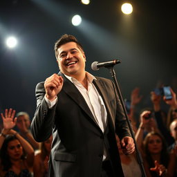 A striking portrait of Hector Acosta, known as 'El Torito', passionately singing on stage