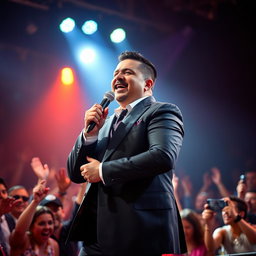 A striking portrait of Hector Acosta, known as 'El Torito', passionately singing on stage