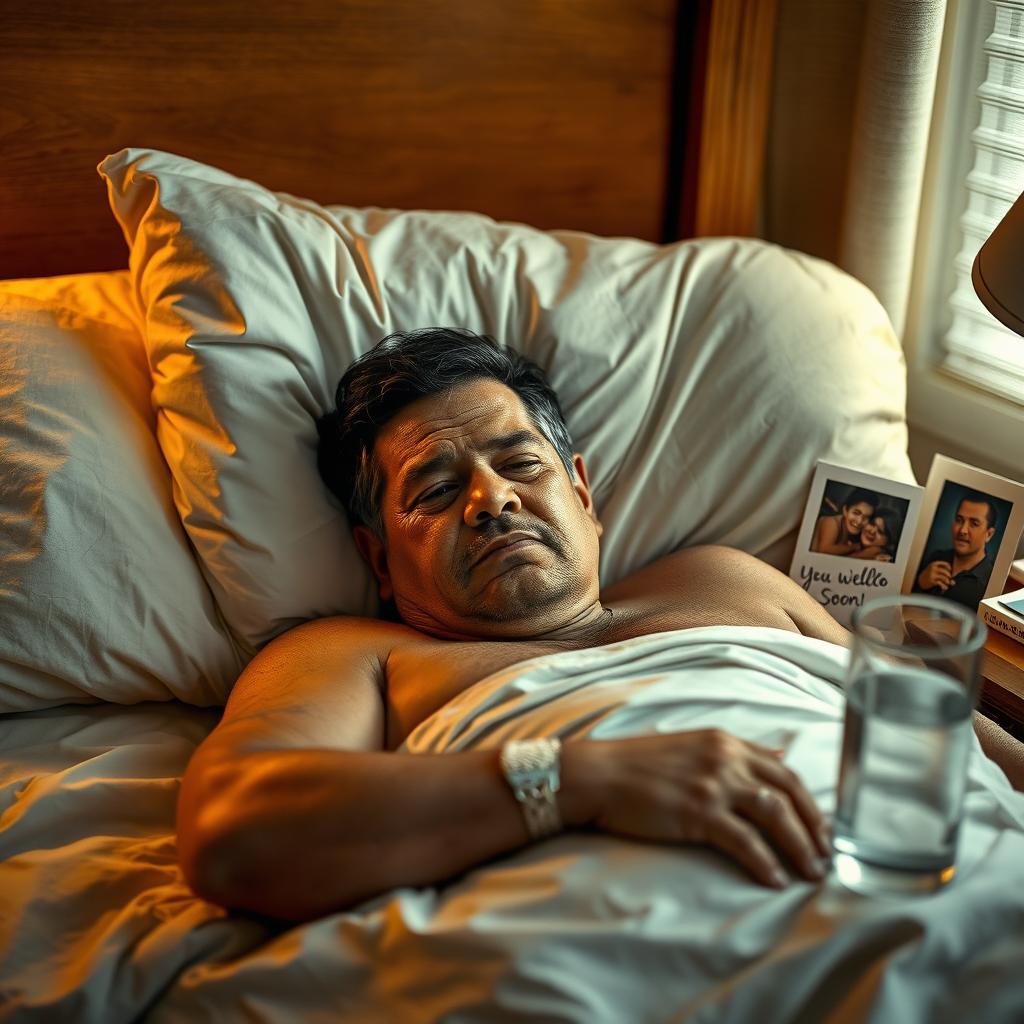 A poignant image of Hector Acosta, known as 'El Torito', resting in a comfortable bed at home