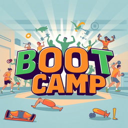 A vibrant and dynamic illustration featuring the words 'BOOT CAMP' in bold, stylized letters
