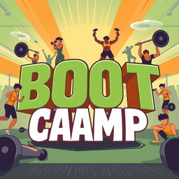 A vibrant and dynamic illustration featuring the words 'BOOT CAMP' in bold, stylized letters