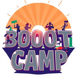 A vibrant and dynamic illustration featuring the words 'BOOT CAMP' in bold, stylized letters