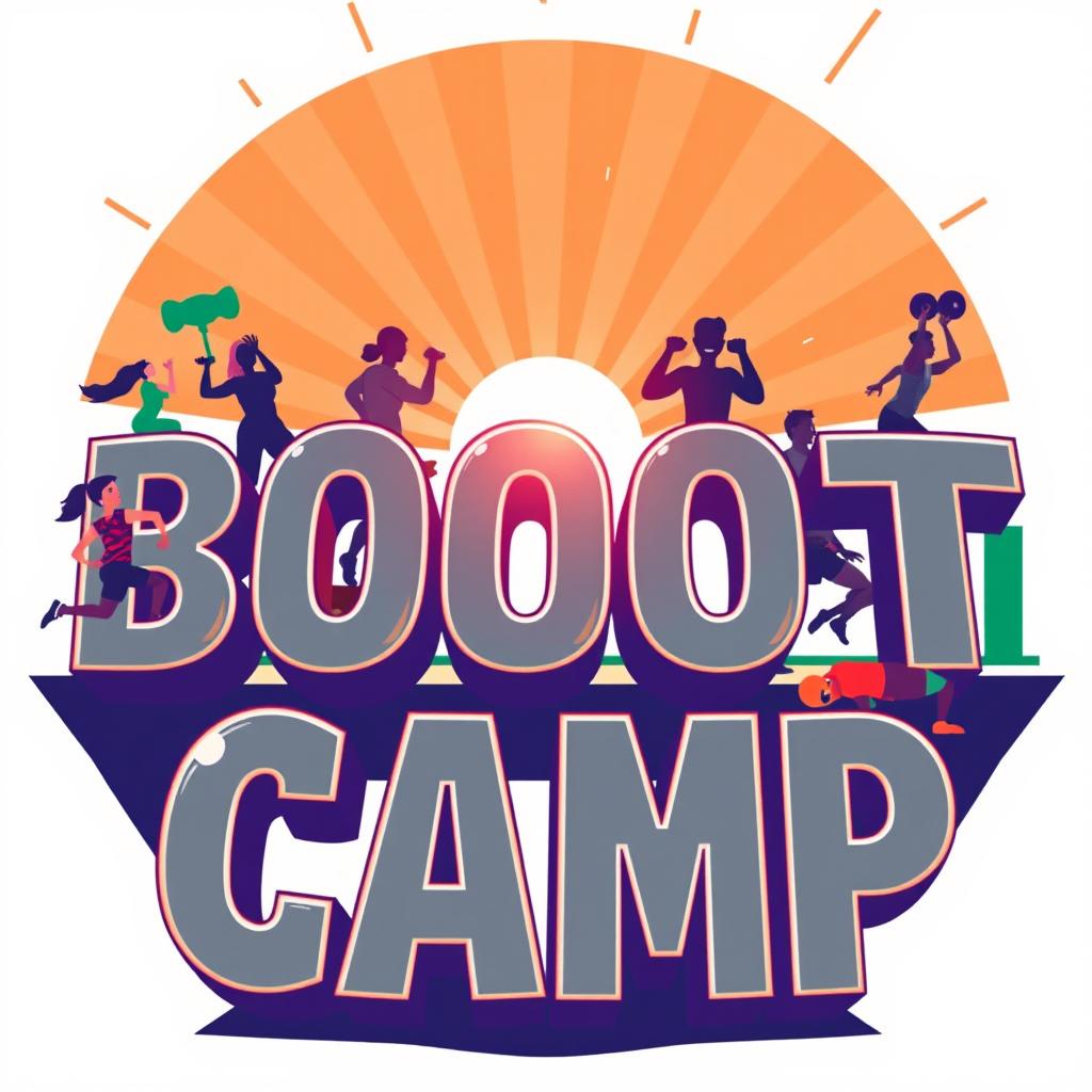 A vibrant and dynamic illustration featuring the words 'BOOT CAMP' in bold, stylized letters