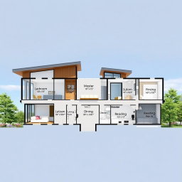A detailed floor plan for a modern residential home, showcasing an open-concept design