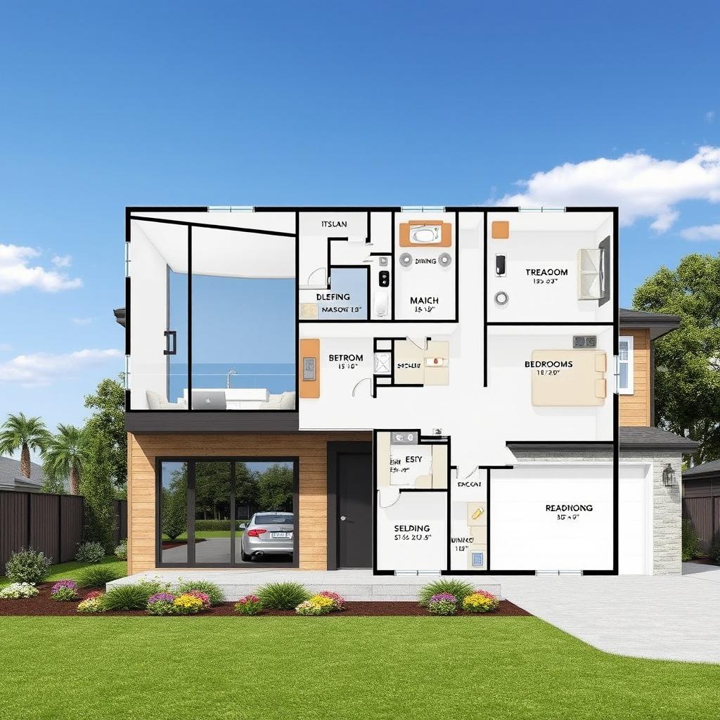 A detailed floor plan for a modern residential home, showcasing an open-concept design