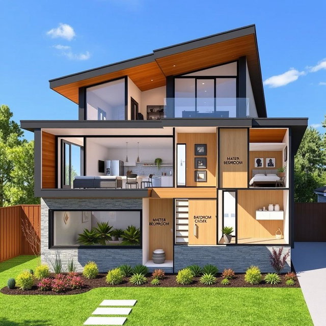 A detailed floor plan for a modern residential home, showcasing an open-concept design