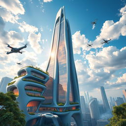 A stunning architectural rendering of a futuristic skyscraper that reaches high into the clouds