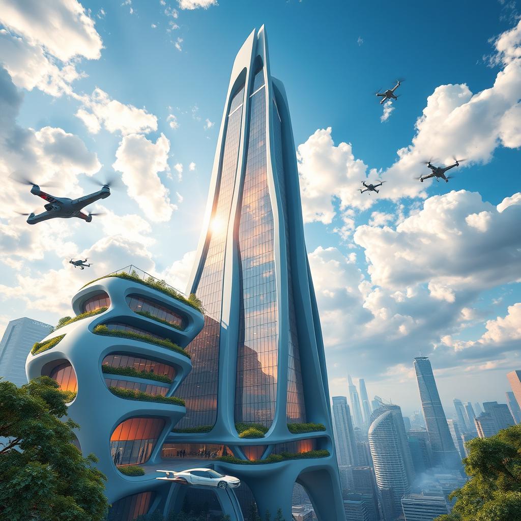 A stunning architectural rendering of a futuristic skyscraper that reaches high into the clouds