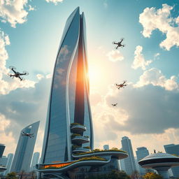 A stunning architectural rendering of a futuristic skyscraper that reaches high into the clouds