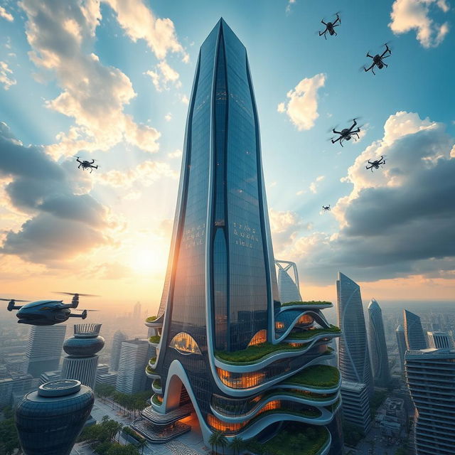 A stunning architectural rendering of a futuristic skyscraper that reaches high into the clouds