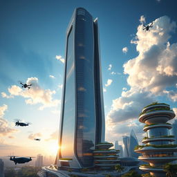 A stunning architectural rendering of a futuristic skyscraper that reaches high into the clouds