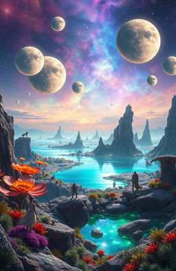 A stunning and vibrant alien landscape on a distant planet, showcasing exotic flora with luminescent colors and unusual shapes