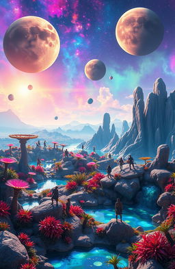 A stunning and vibrant alien landscape on a distant planet, showcasing exotic flora with luminescent colors and unusual shapes