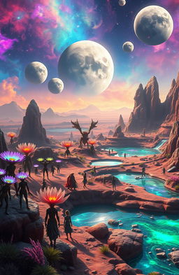 A stunning and vibrant alien landscape on a distant planet, showcasing exotic flora with luminescent colors and unusual shapes