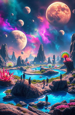 A stunning and vibrant alien landscape on a distant planet, showcasing exotic flora with luminescent colors and unusual shapes