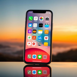 A stylish smartphone interface displayed on a modern iPhone, featuring an elegant home screen filled with vibrant app icons