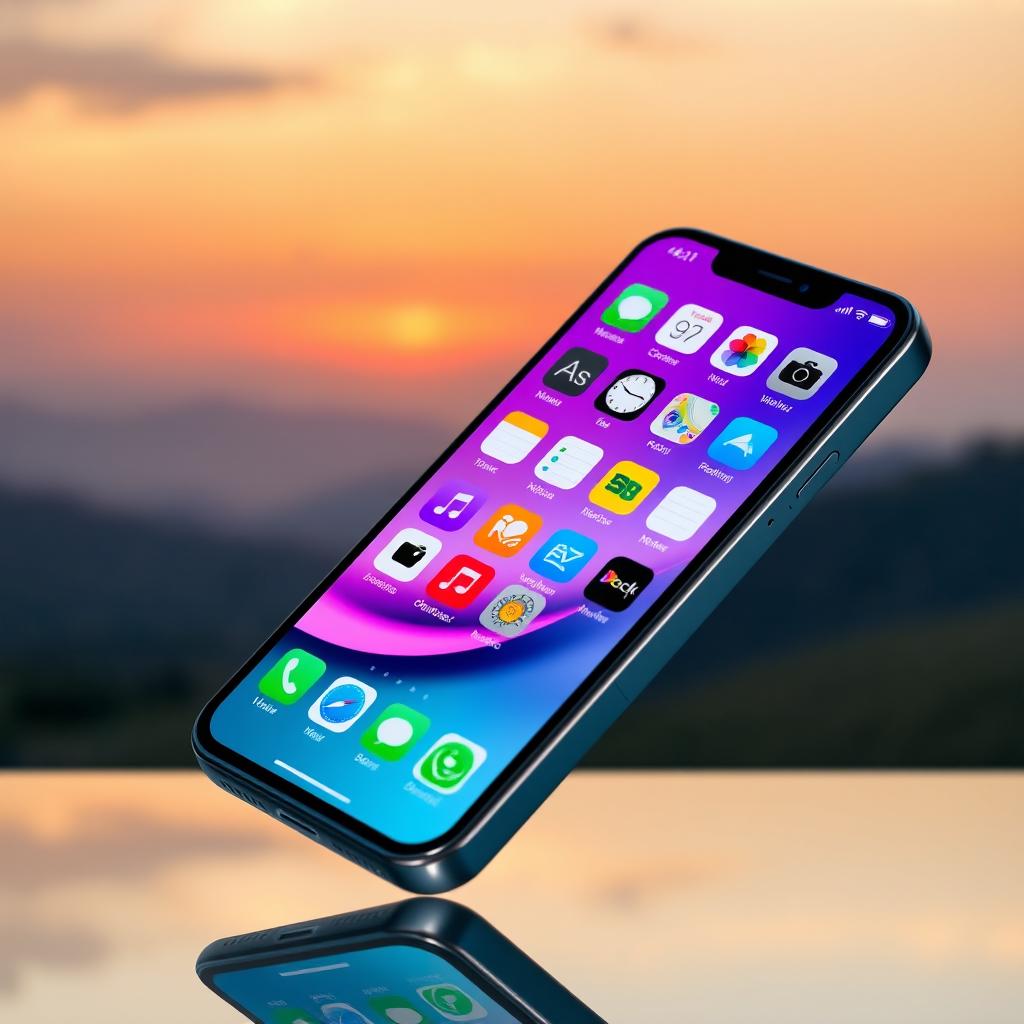 A stylish smartphone interface displayed on a modern iPhone, featuring an elegant home screen filled with vibrant app icons