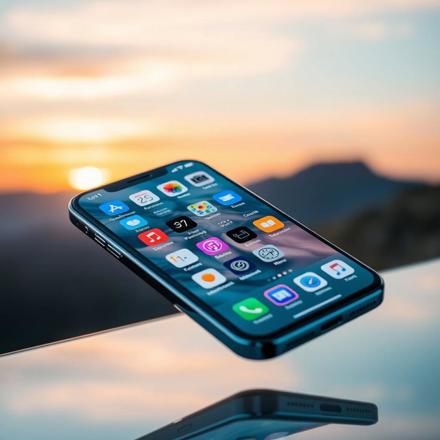 A stylish smartphone interface displayed on a modern iPhone, featuring an elegant home screen filled with vibrant app icons